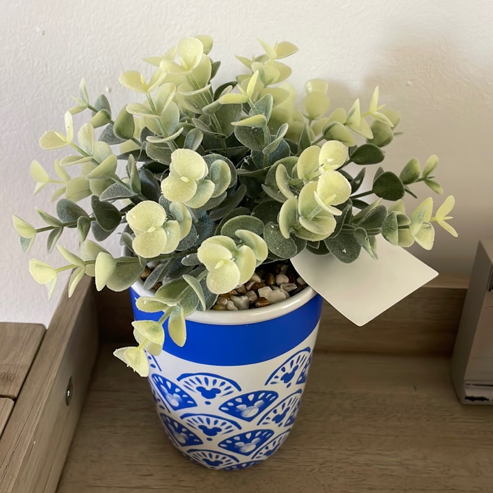Disney Home Homestead Mickey blue & white ceramic faux plant new